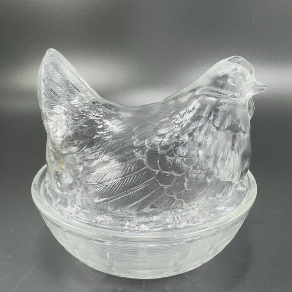 French Clear Hen On Nest Clear Glass Covered Dish Made In France Farmhouse VTG - Picture 8 of 15